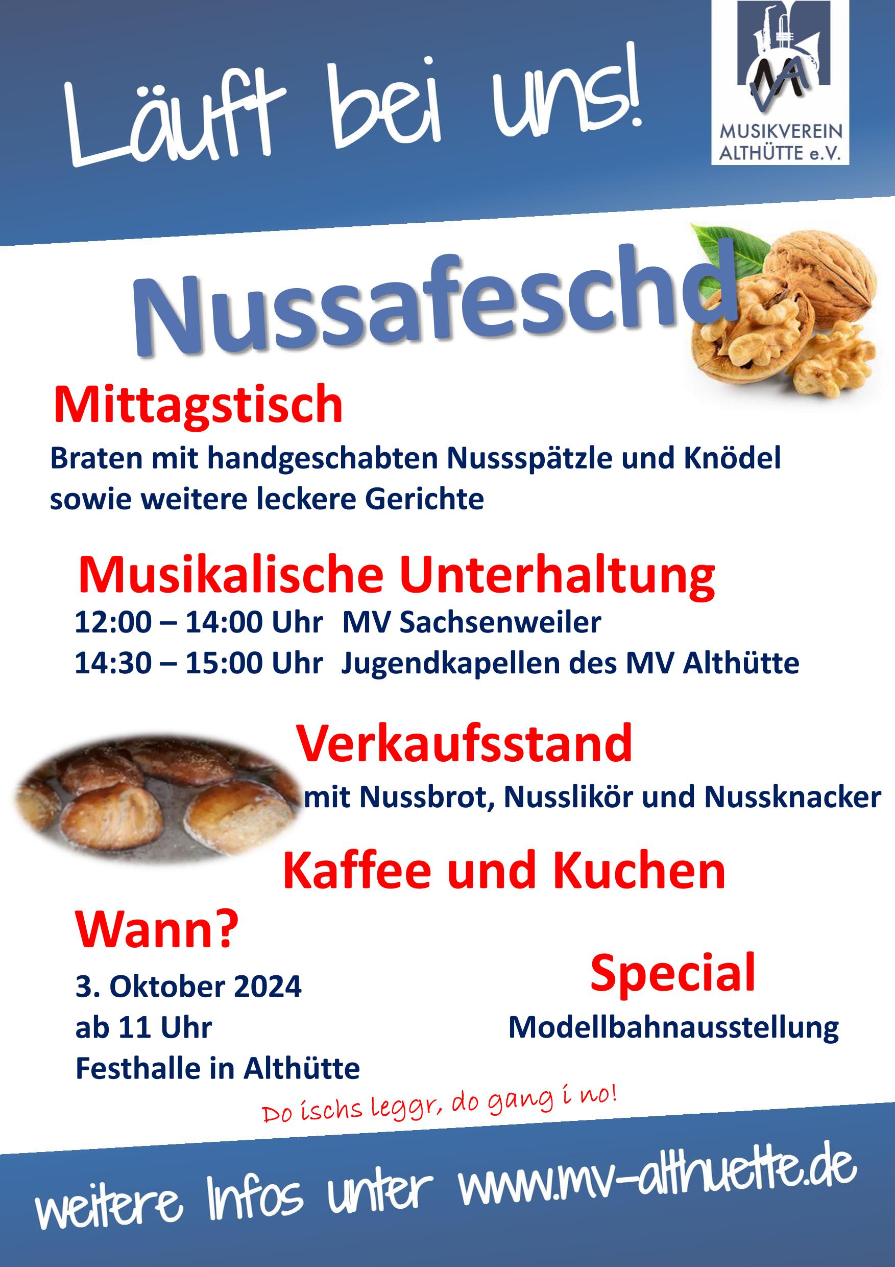 Nussafeschd am 03.10.2024 in der Festhalle in Althütte. Es gibt leckeres Mittagessen, musikalische Unterhaltung, Kaffee & Kuchen und einen Verkaufsstand mit leckeren Nussprodukten